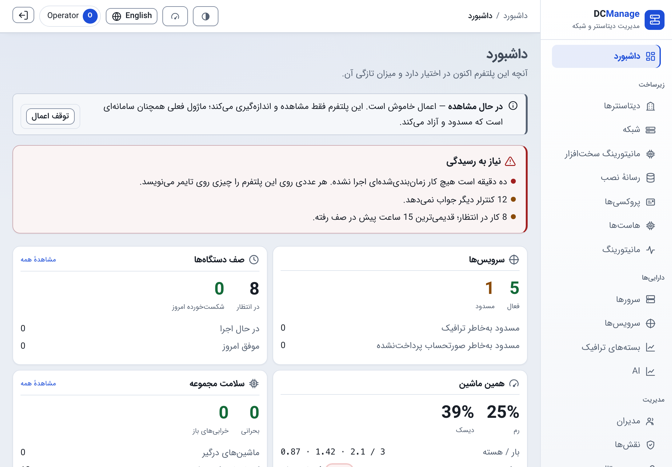 داشبورد دی‌سی‌منیج، با دارایی‌ها و فعالیت اخیر